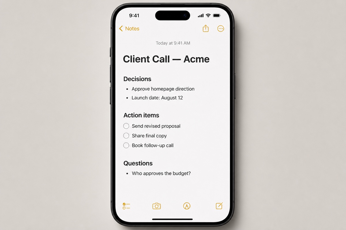 Realistic iPhone mockup showing an Apple Notes client call template with decisions, action items, and questions