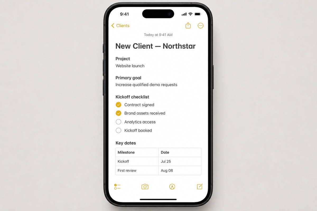 Realistic iPhone mockup showing an Apple Notes client onboarding template with a checklist and key dates table